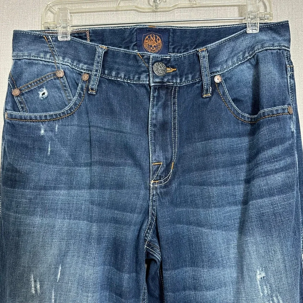 Rock & Republic Mens 34x34 Bootcut Jeans Dark Blue Wash Distressed Flap Pockets